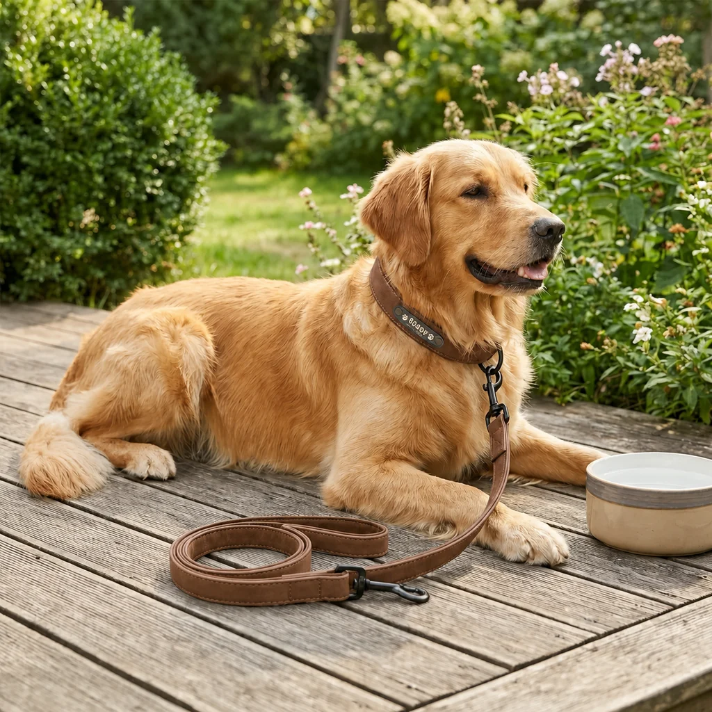 Golden Retriever mit personalisiertem braunem Hundehalsband