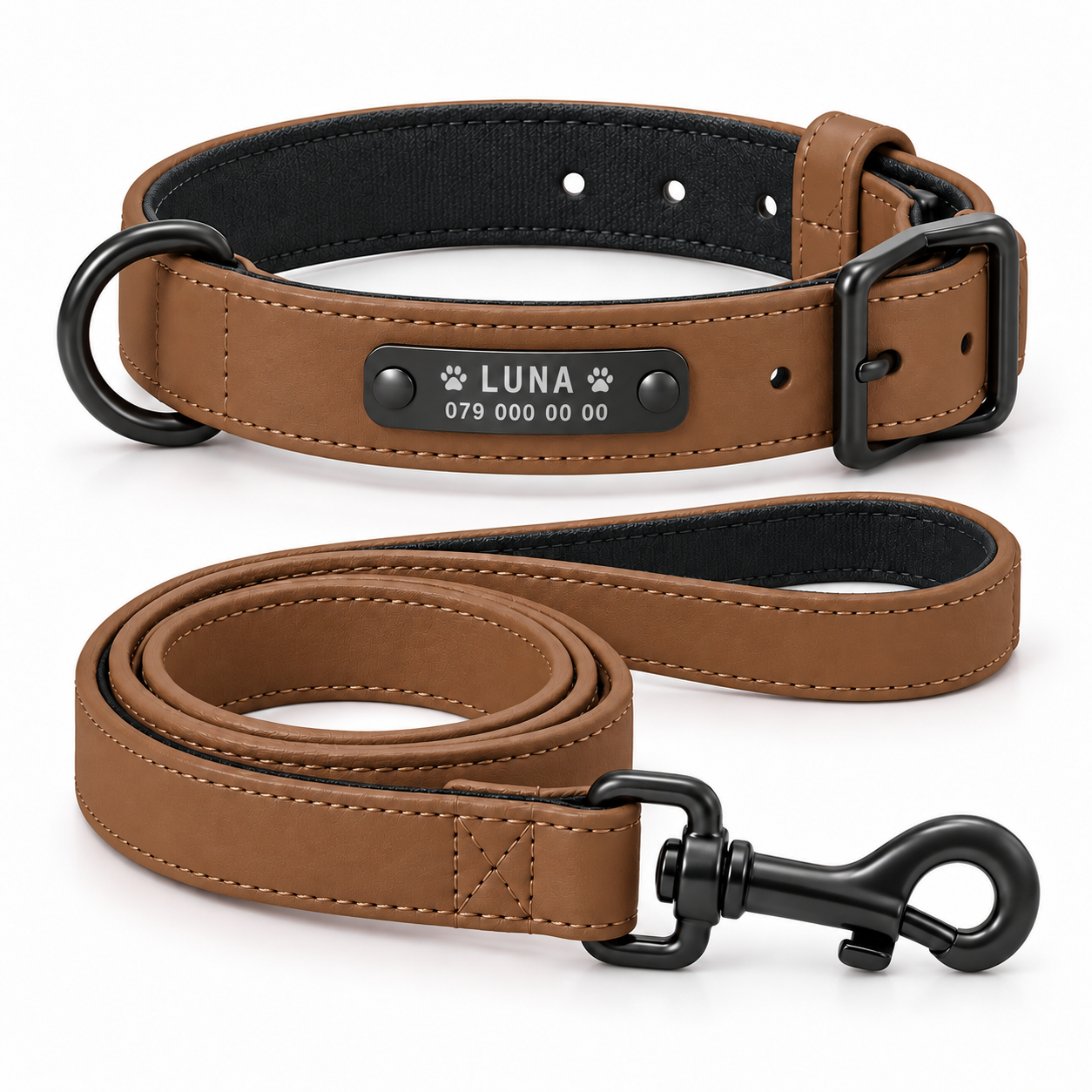 Golden Retriever mit personalisiertem braunem Hundehalsband