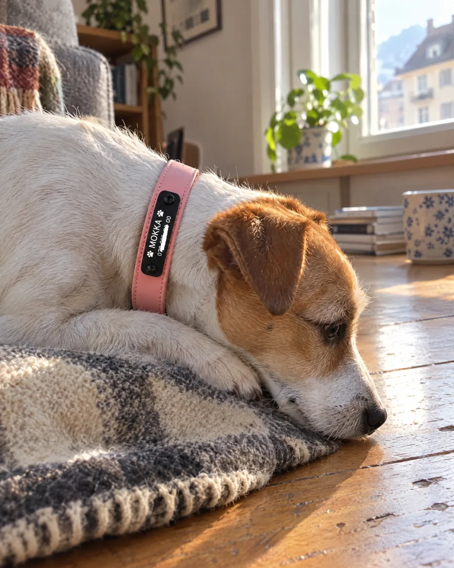 Hund Mokka mit rosafarbenem personalisiertem Halsband zuhause